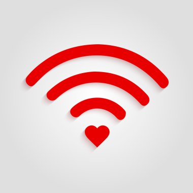 Heart shape and wifi sign. Happy valentine 's day. Trendy flat vector connect icon for holiday design. Concept logo design. Red wifi icon isolated on the background. Love feed. Wireless hotspot signal. Flat red icon for holiday design. Wifi signal