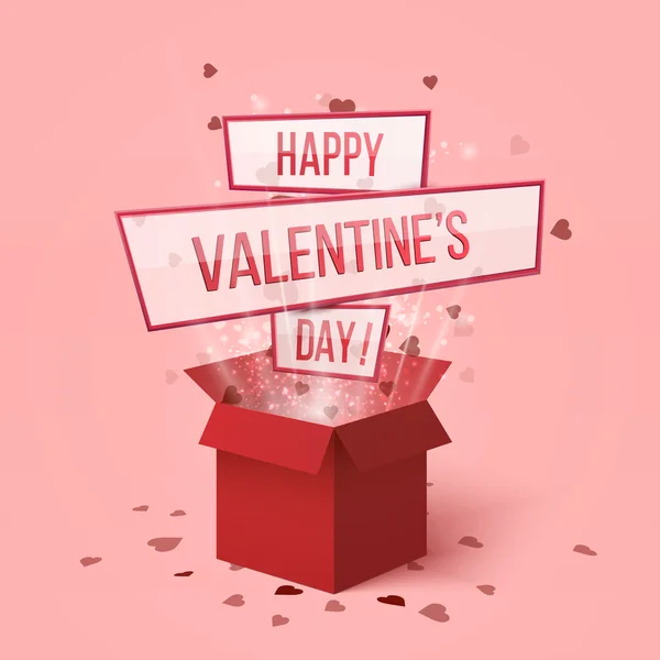 Happy valentines day.Valentines day gift box.Red hearts coming out from gift box. Set of red gift presents with flying hearts for holiday design.Hearts explosion.Love is in the air. Love box.Lettering. Delivery red box. Magic love box. Flying hearts. — Διανυσματικό Αρχείο