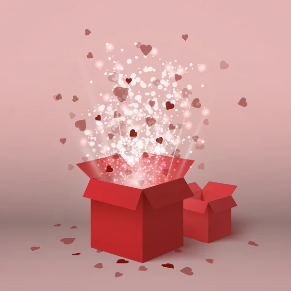 Happy valentines day. Valentines day gift box. Red hearts coming out from gift box. Set of red gift presents with flying hearts for holiday design. Hearts explosion. Love is in the air. Love box. Delivery red box. Heart symbol of love. Isometric box — Stock vektor
