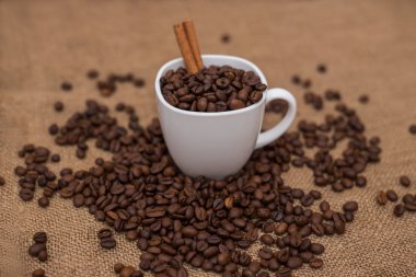 kahve çekirdekleri ve tarçın beyaz Kupası