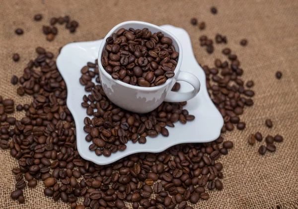 Hamburan biji kopi cangkir putih dan piring — Stok Foto