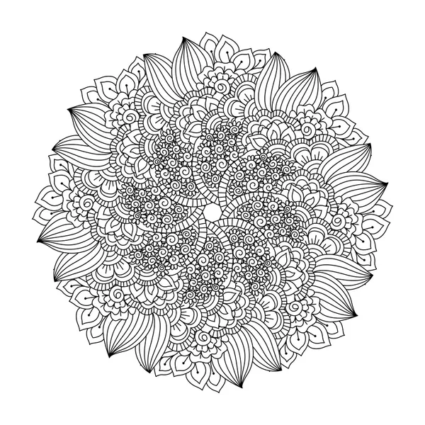 Elemento redondo para colorear libro. Patrón floral blanco y negro . — Archivo Imágenes Vectoriales