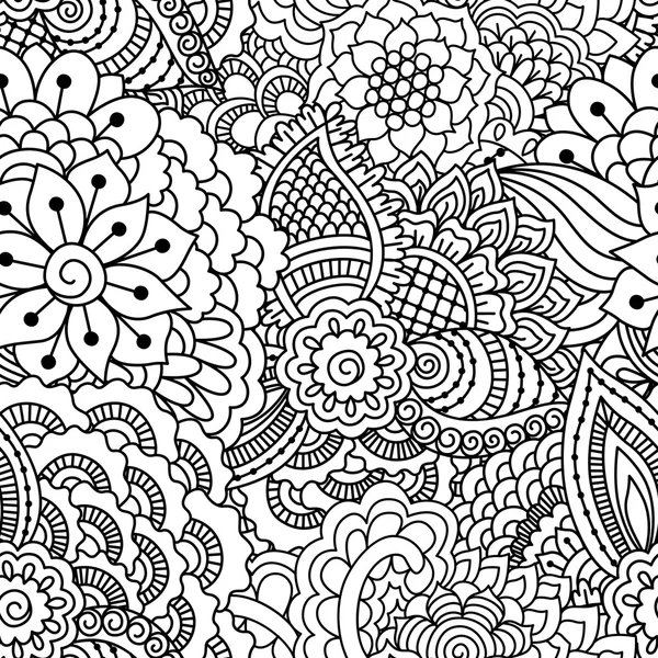 Patrón sin costura en blanco y negro. Fondo dibujado a mano de henna étnica para colorear libro, textil o envoltura . —  Fotos de Stock