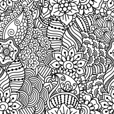 Siyah ve beyaz seamless modeli. Etnik kına elle çizilmiş arka plan boyama kitabı, tekstil veya kaydırma.
