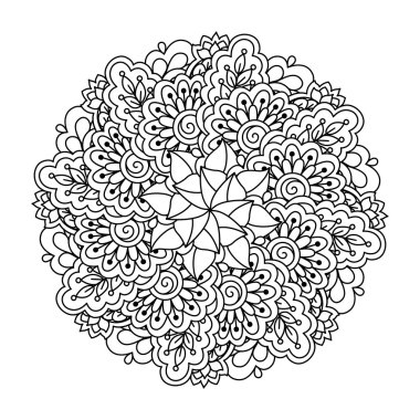 Boyama kitabı yuvarlak öğe. Siyah ve beyaz çiçek desenli. Vektör çizim.