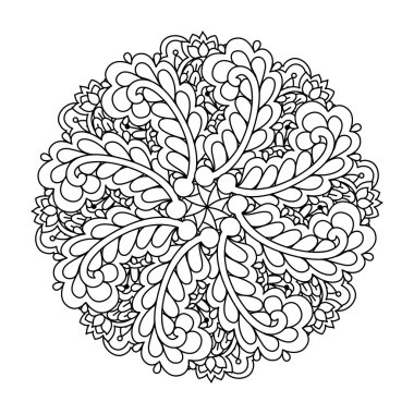Boyama kitabı yuvarlak öğe. Siyah ve beyaz çiçek desenli. Vektör çizim.