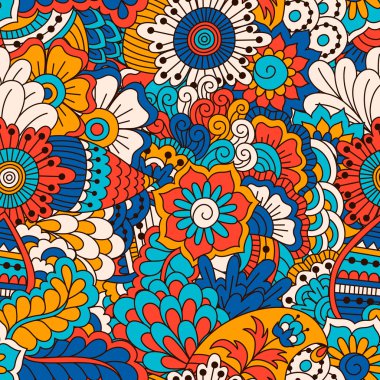 El çiçek elemanları ile çizilmiş seamless modeli. Renkli etnik köken. Desen kumaş, duvar kağıdı veya kaydırma için kullanılabilir.