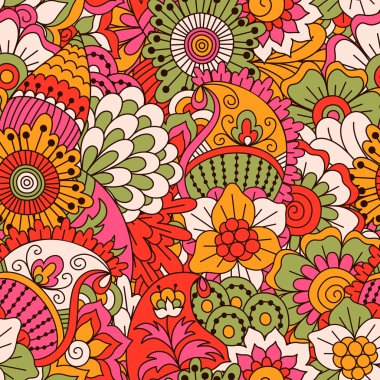 El çiçek elemanları ile çizilmiş seamless modeli. Renkli etnik köken. Desen kumaş, duvar kağıdı veya kaydırma için kullanılabilir.