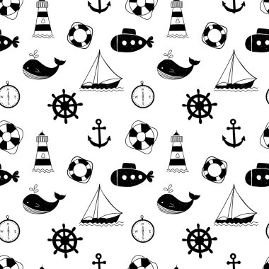 Siyah ve beyaz balinalar, yelkenli gemiler, tekerlekler, lifebuoys ve fenerler ile seamless modeli. 