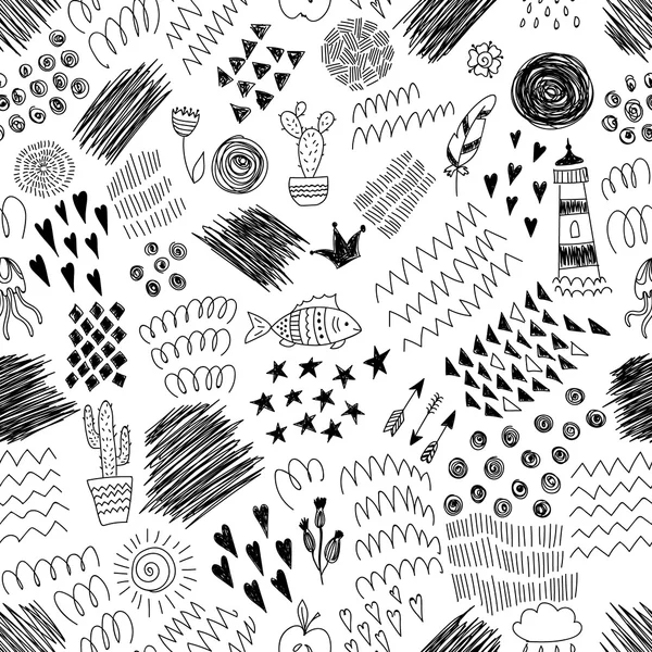 Blanco y negro de patrones sin fisuras con los elementos abstractos de la tinta. — Archivo Imágenes Vectoriales