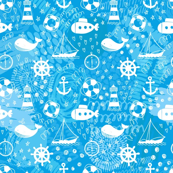 Doodle seamless pattern with whales, sailing ships, wheels, lifebuoys and lighthouses. — Stock Vector