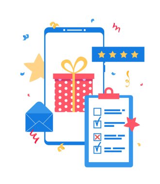 Ödüllü akıllı telefon hediye kutusu, e-posta ve anket. Çevrimiçi ödül kavramı. 