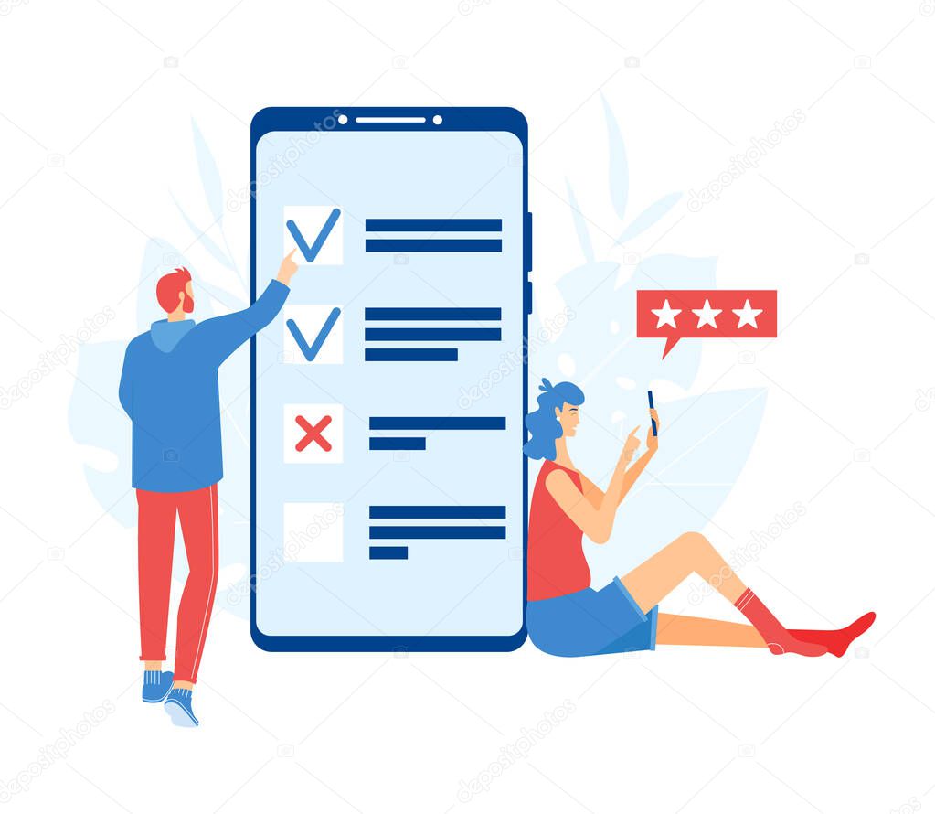 Online survey concept. Man and woman going through the survey on the smartphone screen.