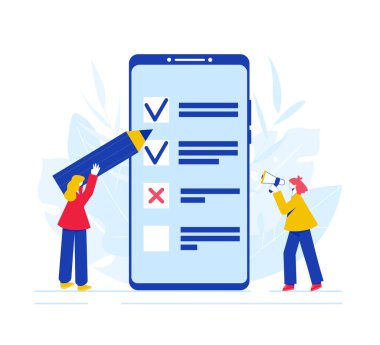 Çevrimiçi araştırma konsepti. Akıllı telefon ekranında ankete katılan ve hoparlöre konuşan kadınlar..