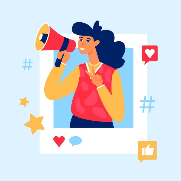 Sanal etki kavramı. Megafonlu kadın blogcu. Online pazarlama.