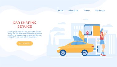 Araba paylaşım konsepti. Mobil uygulama. Vektör illüstrasyonu. 