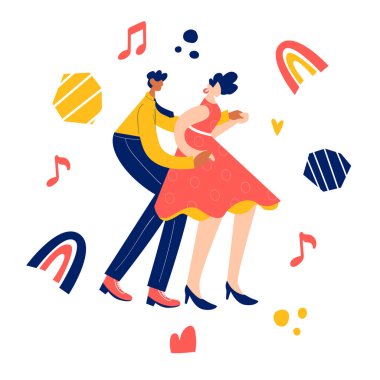 Retro parti dansı konsepti. Dans eden genç siyah çift, salıncak, lindy hop, rock n roll. 