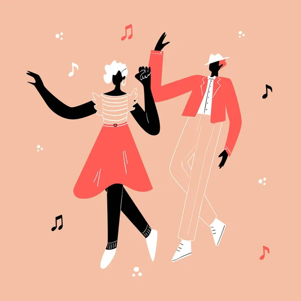 Η ιδέα του ρετρό πάρτι χορού. Μαύρο ζευγάρι που χορεύει swing, Lindy hop, rock n roll. — Διανυσματικό Αρχείο