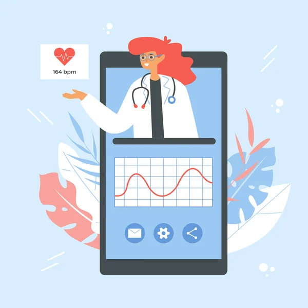Concetto app per il monitoraggio della frequenza cardiaca. Smartphone con medico femminile e grafico della frequenza cardiaca. — Vettoriale Stock