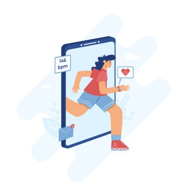 Kalp atış hızı izleme uygulaması konsepti. Elinde akıllı bir saat olan bir kız büyük bir akıllı telefonun arka planında koşar.