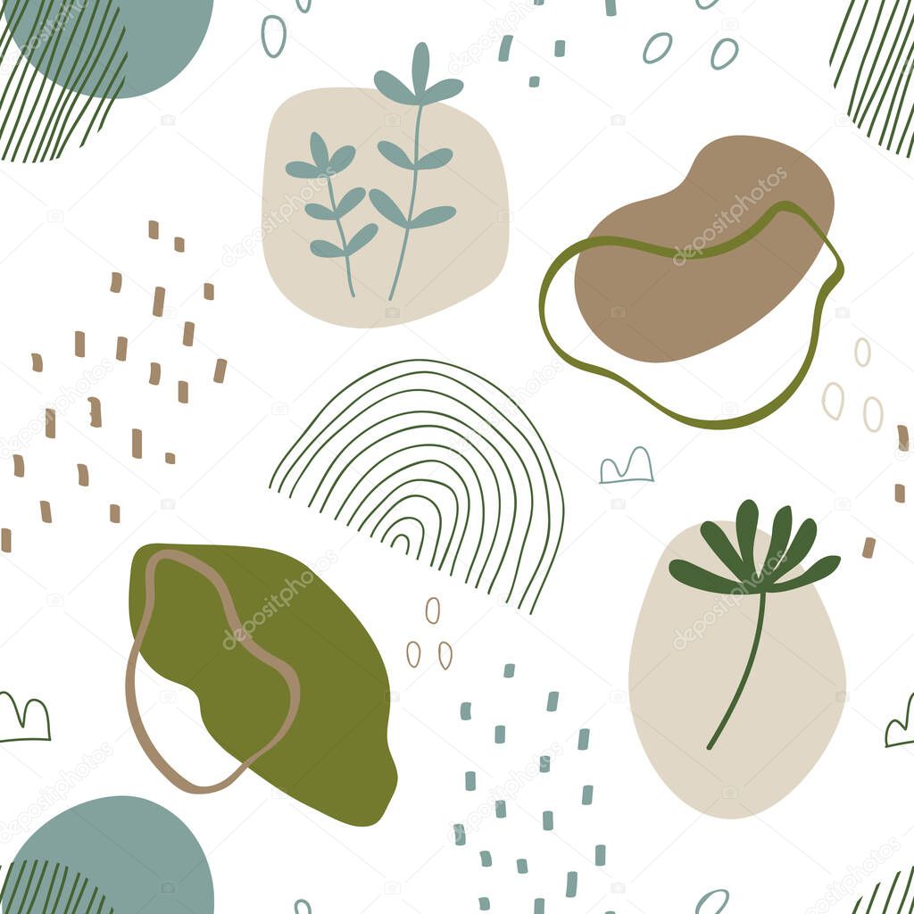 Abstract seamless pattern in trendy style with botanical and geometric elements, textures. Natural earthy colors. 