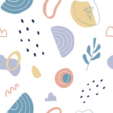 El çizimi botanik ve geometrik şekilli, soyut, pürüzsüz desen. Pastel doğal renkler.