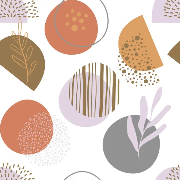 Patrón abstracto sin costuras en estilo moderno con elementos botánicos y geométricos, texturas. Colores naturales terrosos. — Vector de stock