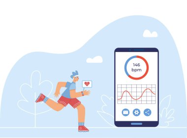 Kalp atış hızı izleme uygulaması konsepti. Elinde akıllı saati olan bir çocuk büyük bir akıllı telefonun yanında koşar.