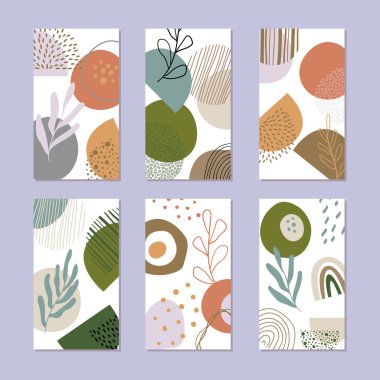 Soyut bir hikaye seti. Moda tarzında el çizimi doğal desen. 