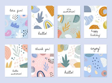 Soyut renkli kolaj özgeçmişi ayarlandı. Kart, broşür ve davetiye tasarımı için el çizimi şablonlar.