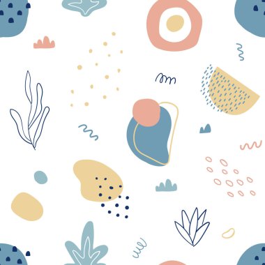 El çizimi botanik ve geometrik şekilli, soyut, pürüzsüz desen. Pastel doğal renkler.