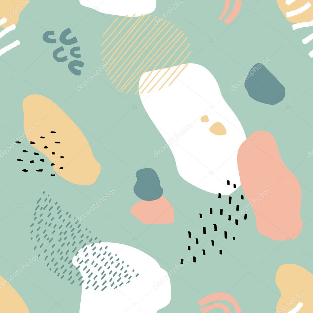 Abstract seamless pattern in trendy style with botanical and geometric elements, textures. Trendy pastel colors. 