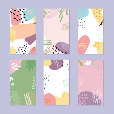 Soyut bir hikaye seti. Moda tarzında el çizimi doğal desen. 