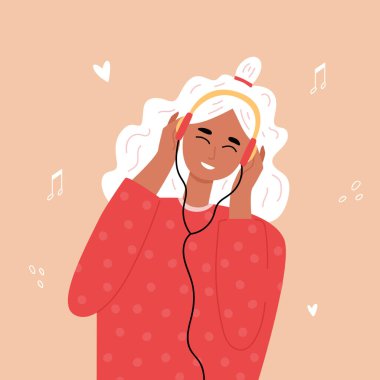 Kulaklıkla müzik dinleyen sarışın hippi kız. Trandy el çizimi biçimi.
