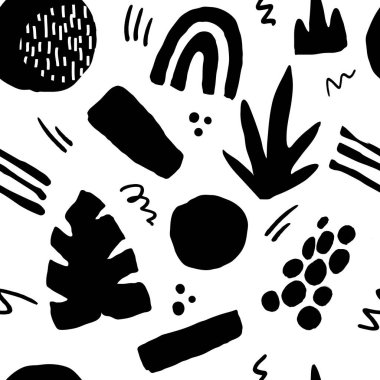 Geometrik elementler, dokular ve modayla soyut siyah ve beyaz desenli. 