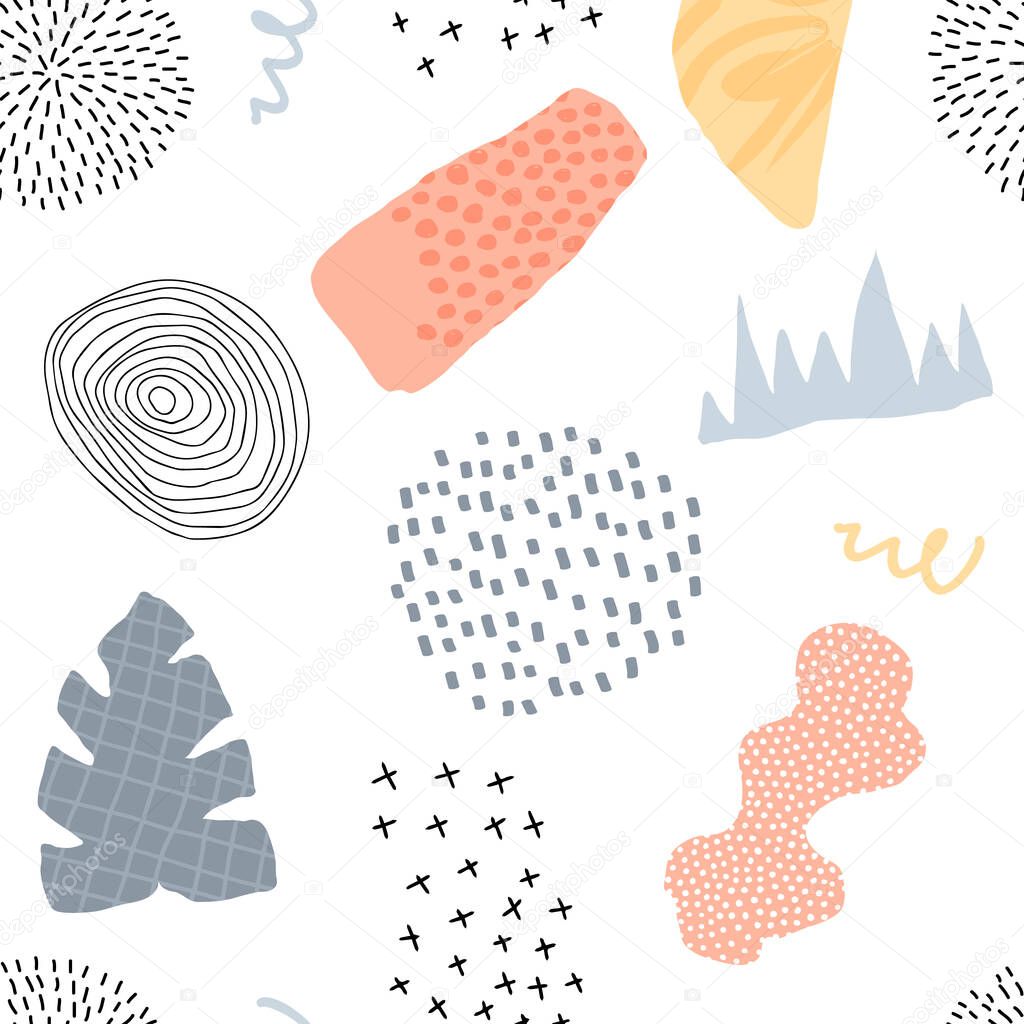 Abstract seamless pattern in trendy style with botanical and geometric elements, textures. Trendy pastel colors. 