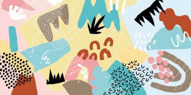 Soyut kolaj yatay arka planında botanik ve geometrik elementler, dokular var. - Evet. Vektör çizimi. Yazdırma ya da web tasarımı için kapak, tekstil deseni.