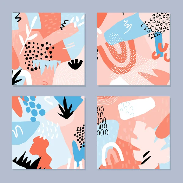Soyut el çizimi arka planlar ayarlandı. Parlak yaz renkleri. Kolaj şekilleri, dokulu ve botanik elementler. Vektör illüstrasyonu.
