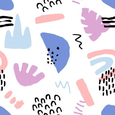 Botanik ve geometrik elementlerle, dokularla, modaya uygun şekillerde soyut, kusursuz desenler. Moda pastel renkler. Vektör illüstrasyonu.