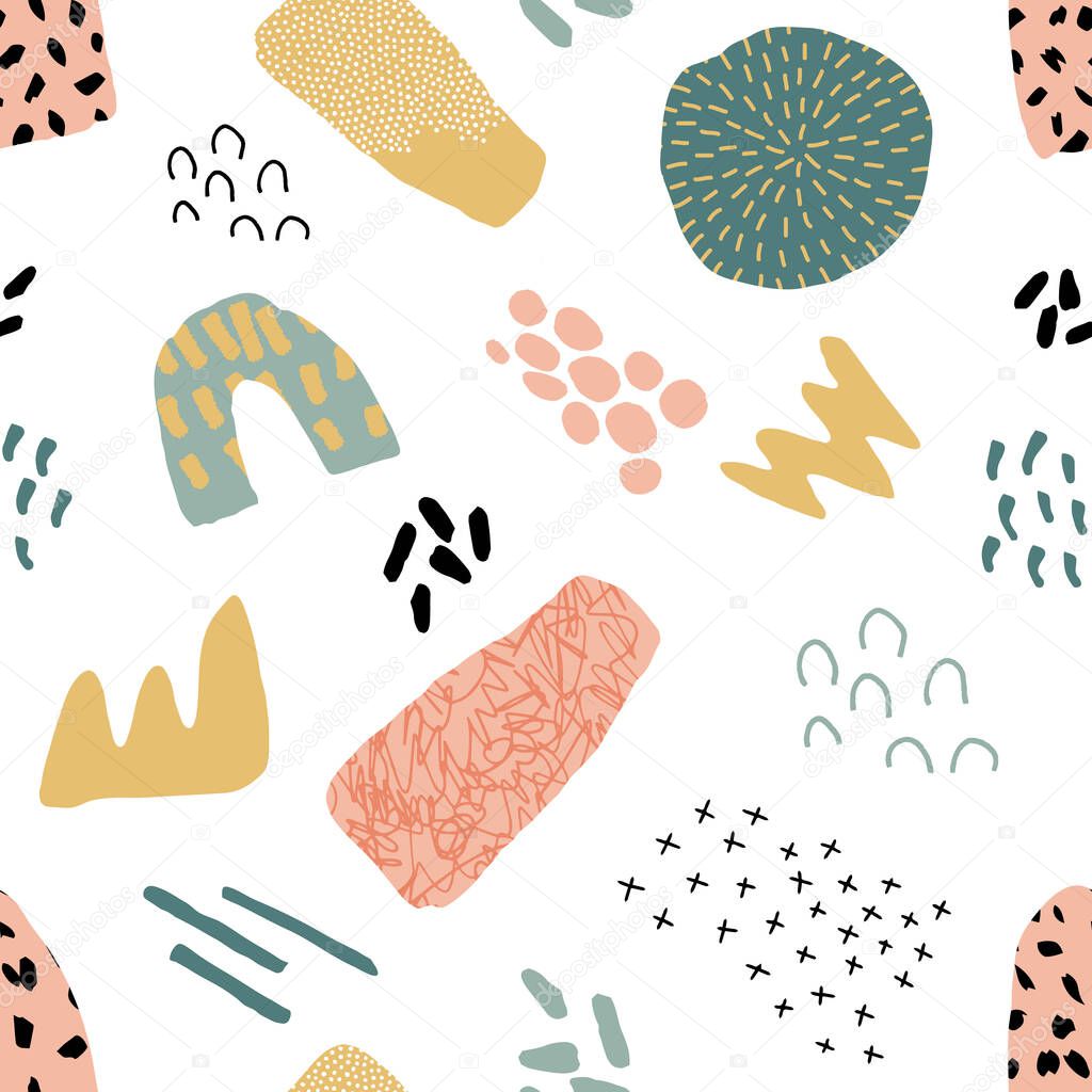 Abstract seamless pattern in trendy style with botanical and geometric elements, textures. Trendy pastel colors. Vector illustration.