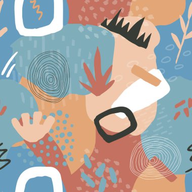 Botanik ve geometrik elementlerle, dokularla, modaya uygun şekillerde soyut, kusursuz desenler. Parlak renkler moda. Vektör illüstrasyonu.