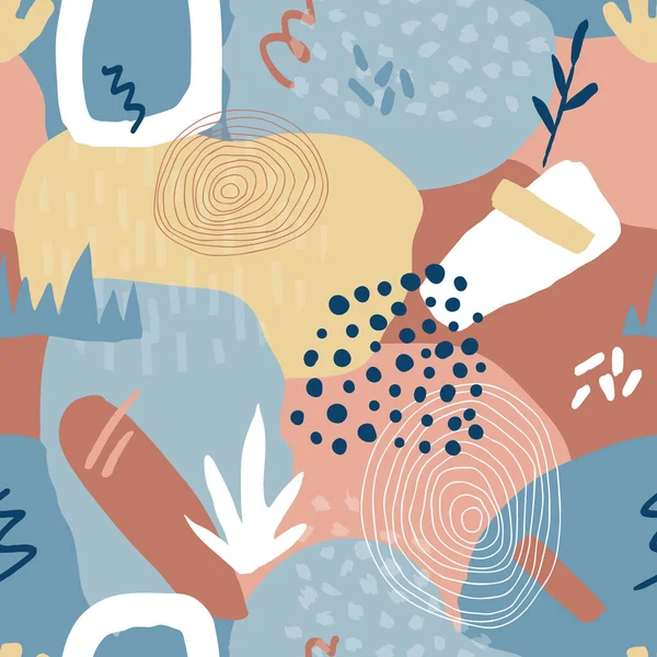 Botanik ve geometrik elementlerle, dokularla, modaya uygun şekillerde soyut, kusursuz desenler. Parlak renkler moda. Vektör illüstrasyonu.