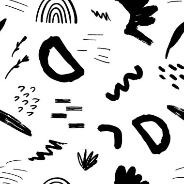 Geometrik elementlerle, dokularla, modaya uygun siyah ve beyaz desenli soyut bir model. - Evet. Vektör illüstrasyonu