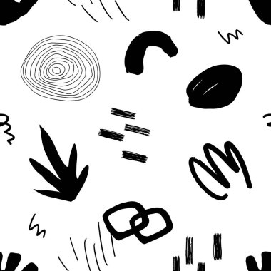 Geometrik elementlerle, dokularla, modaya uygun siyah ve beyaz desenli soyut bir model. - Evet. Vektör illüstrasyonu