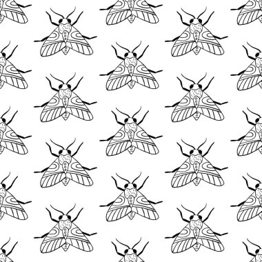 Kelebekli ve güveli siyah beyaz desenli. Tekstil ve ambalaj tasarımı. Vektör illüstrasyonu.