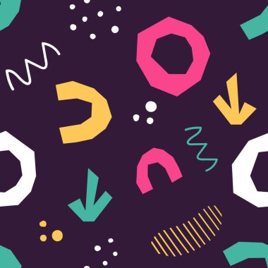 Botanik ve geometrik elementlerle, dokularla, modaya uygun şekillerde soyut, kusursuz desenler. Parlak renkler moda. Vektör illüstrasyonu.