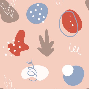 Botanik ve geometrik elementlerle, dokularla, modaya uygun şekillerde soyut, kusursuz desenler. Parlak renkler moda. Vektör illüstrasyonu.