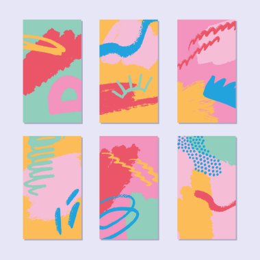 Soyut kolaj hikayeleri seti. Moda tarzında el çizimi desen. Parlak yaz renkleri. Vektör illüstrasyonu. 