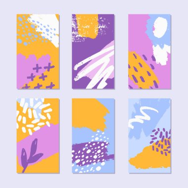 Soyut kolaj hikayeleri seti. Moda tarzında el çizimi desen. Parlak yaz renkleri. Vektör illüstrasyonu. 