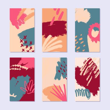 Soyut kolaj hikayeleri seti. Moda tarzında el çizimi desen. Parlak yaz renkleri. Vektör illüstrasyonu. 